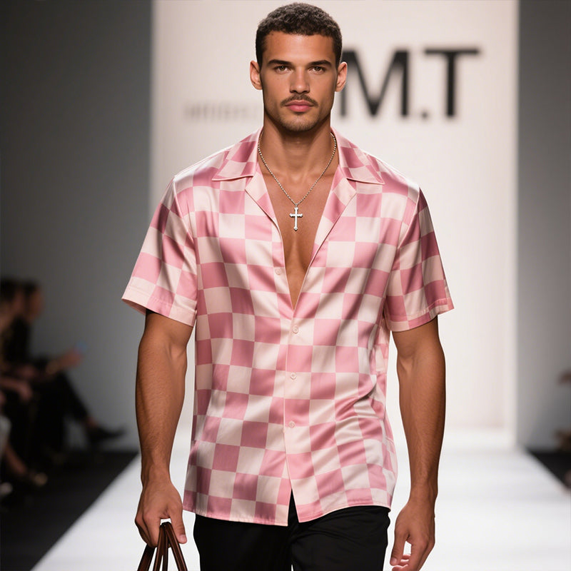 Men's Retro Casual Checkerboard Satin Print Lapel Short Sleeve Shirt MTA2967E4TO