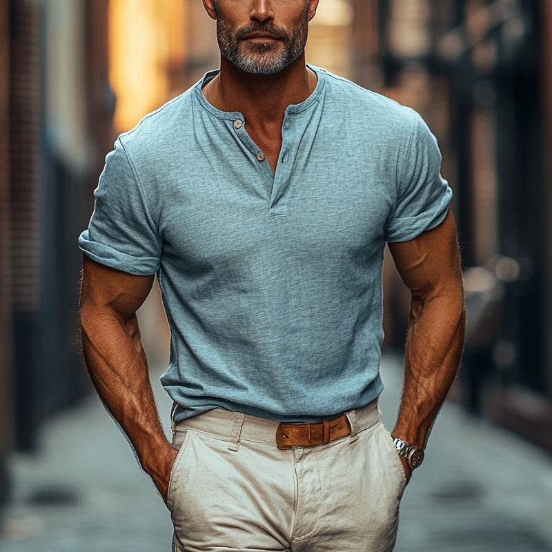 Men'S Solid Cotton And Linen Short-Sleeved Button T-Shirt MTA1043E4X