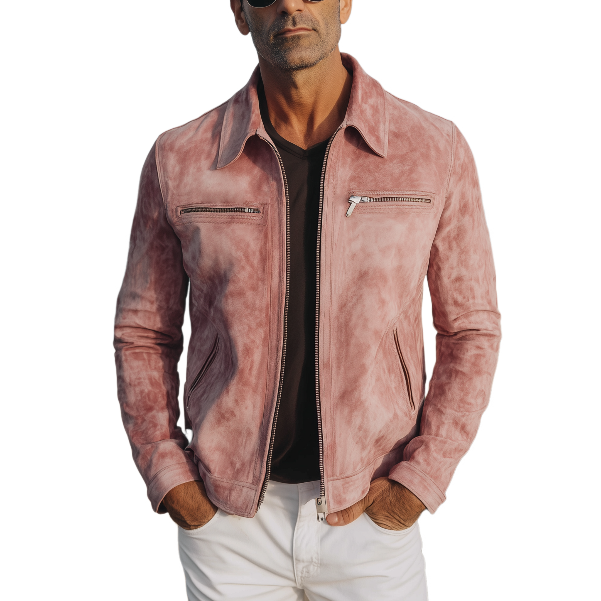 Men's Classic Casual Lapel Zipper Pink Suede Jacket MTA2026H8K