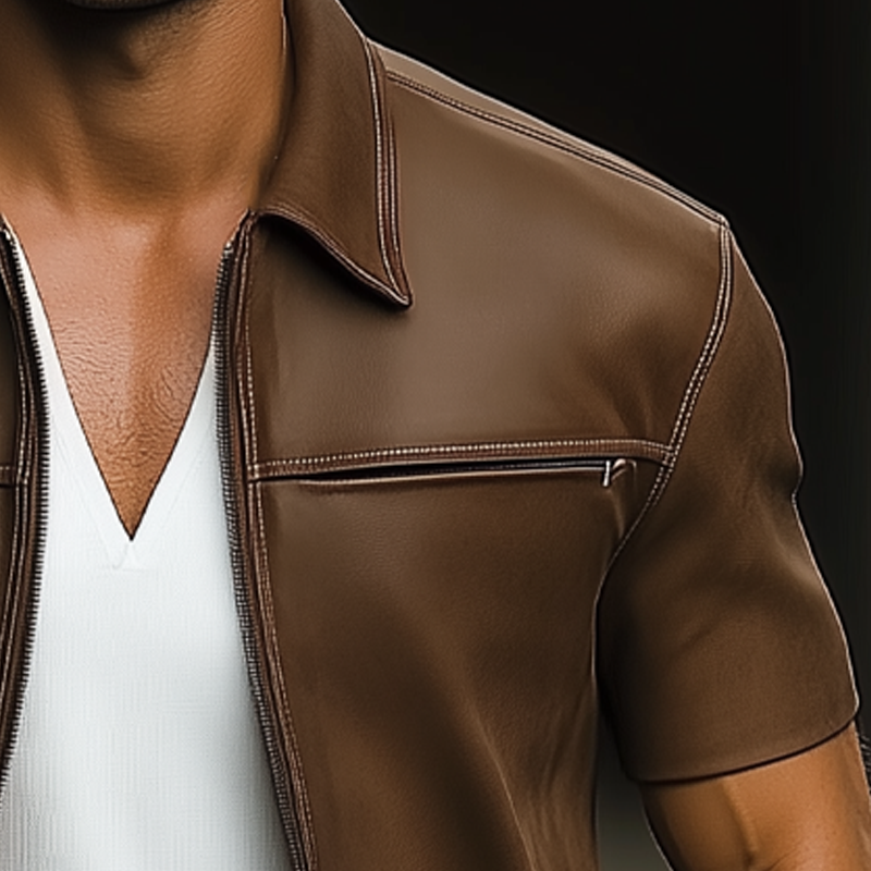 Men's Summer Light Leather Zip-Up Short Sleeve Shirt MTA1644F2U