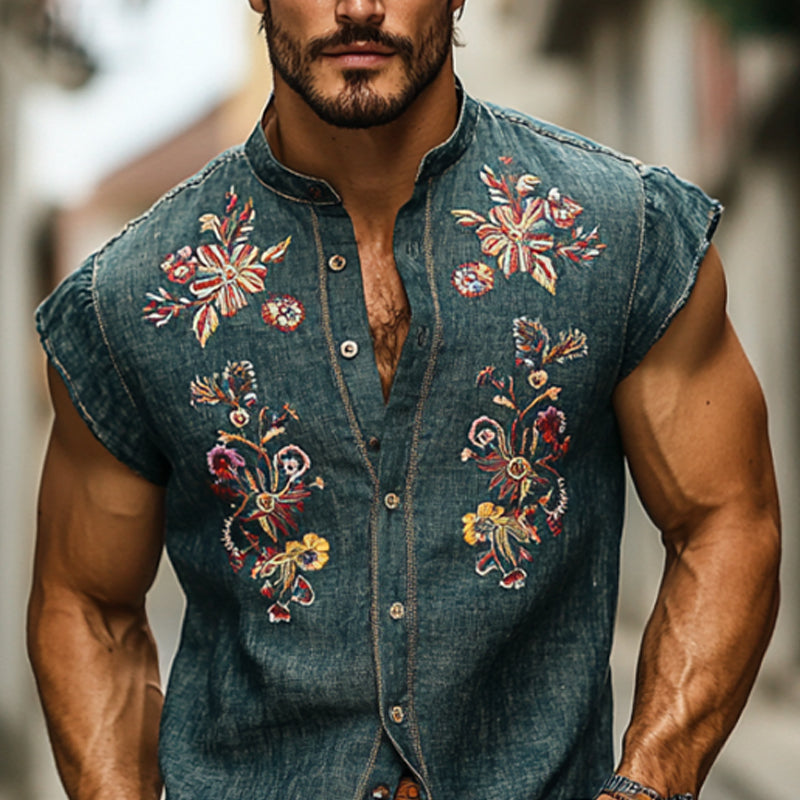 Men's Casual Cotton And Linen Embroidered Small Flying Sleeve Lapel Shirt MTA3048E7X