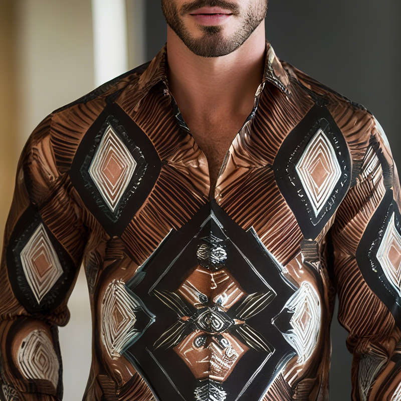 Men's Geometric Print Lapel Long Sleeve Shirt MTA2404G3Z