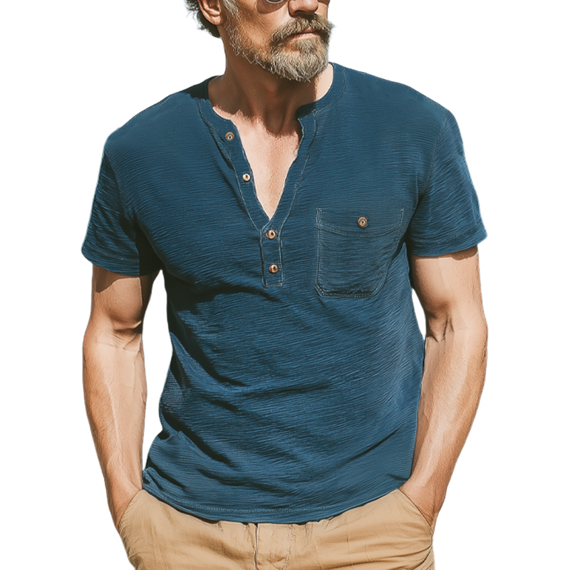 Men's Summer Classic Henley Collar Textured Short Sleeve T-Shirt MTA0277G1U