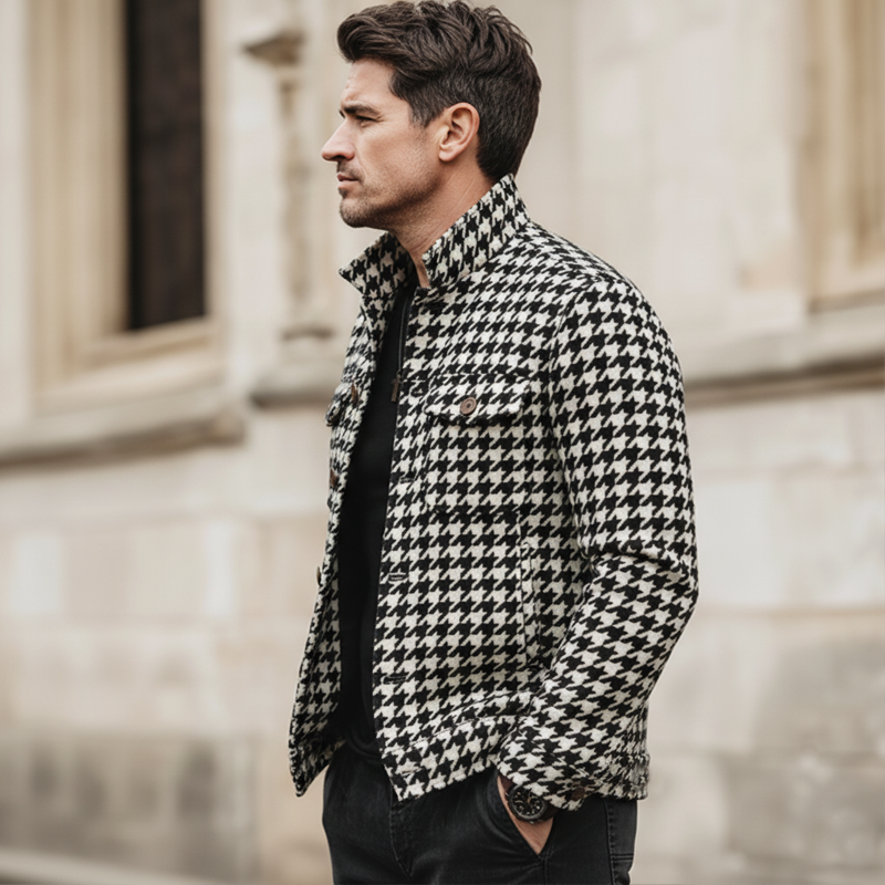 Men's Classic Stand-collar Houndstooth Faux Wool Button-up Jacket MTA0559L7U