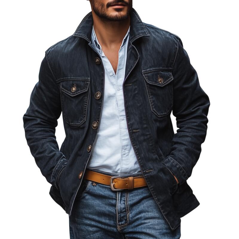 Men's Vintage Washed Distressed Denim Lapel Single-breasted Flap Chest Pocket Loose Cargo Jacket MTA2134H7M
