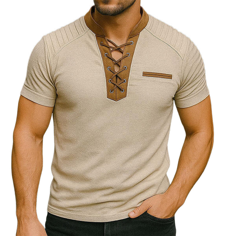 Men's Casual Contrast Color Lace-Up Short-Sleeved T-Shirt MTA1924E9X