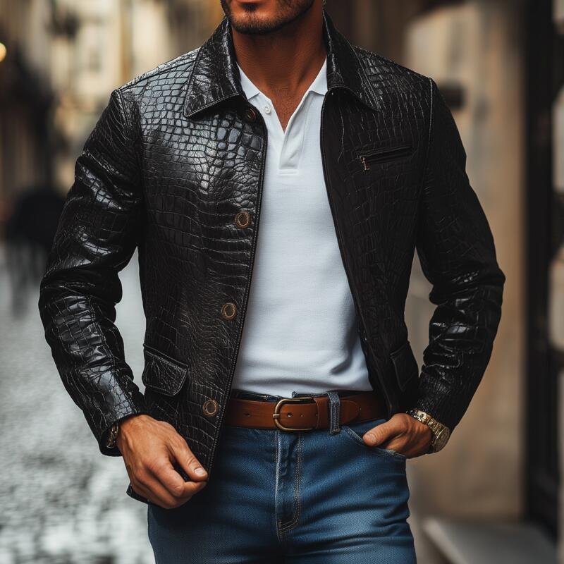 Men's Fashion Vintage Crocodile Pattern PU Lapel Single Breasted Slim Fit Jacket MTA2195H4M