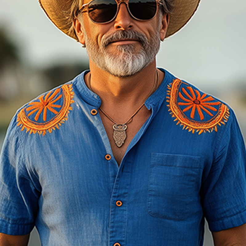 Men's Spring And Summer New Casual Vacation Retro Western Cowboy Style Cotton And Linen Embroidered Stand-Up Collar Short-Sleeved Shirt MTA0938E5K