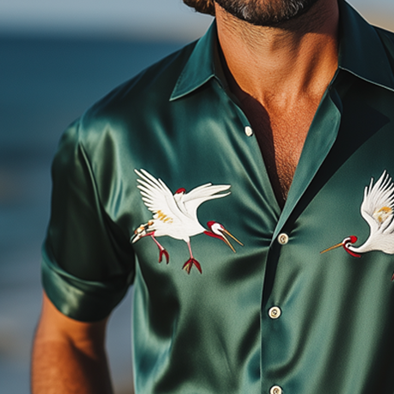 Men's Summer Luxury Satin Embroidered Short Sleeve Shirt MTA1083F3U