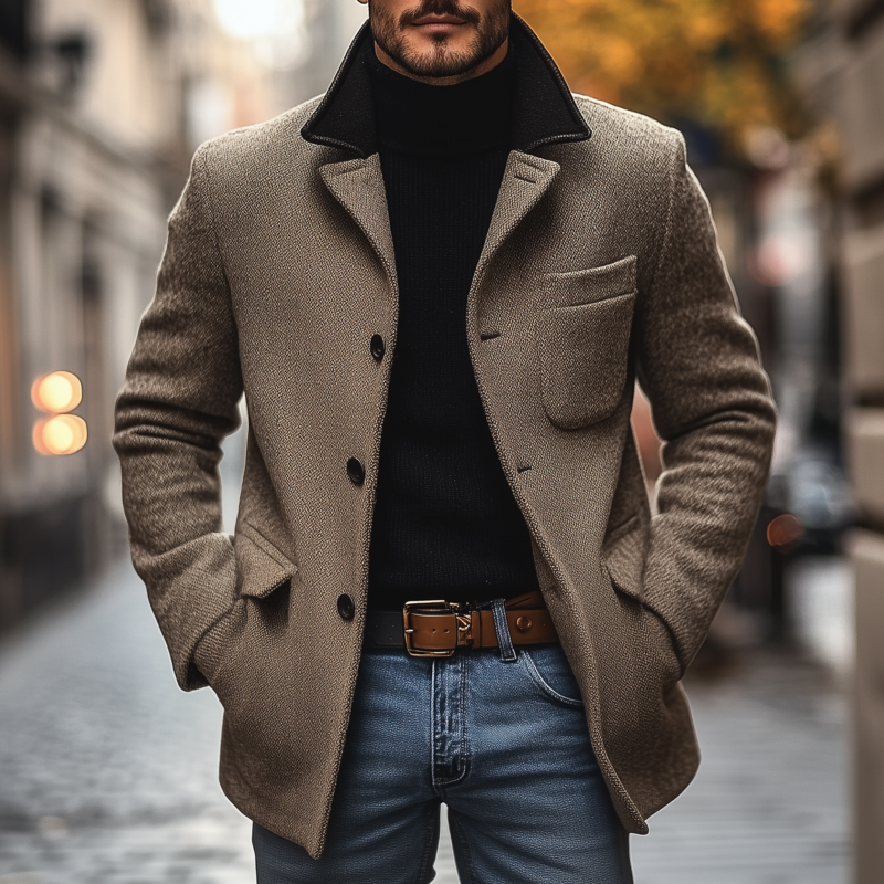 Men's Vintage Wool Blend Colorblock Patchwork Notch Lapel Single-breasted Loose Warm Coat MTA1458H4M