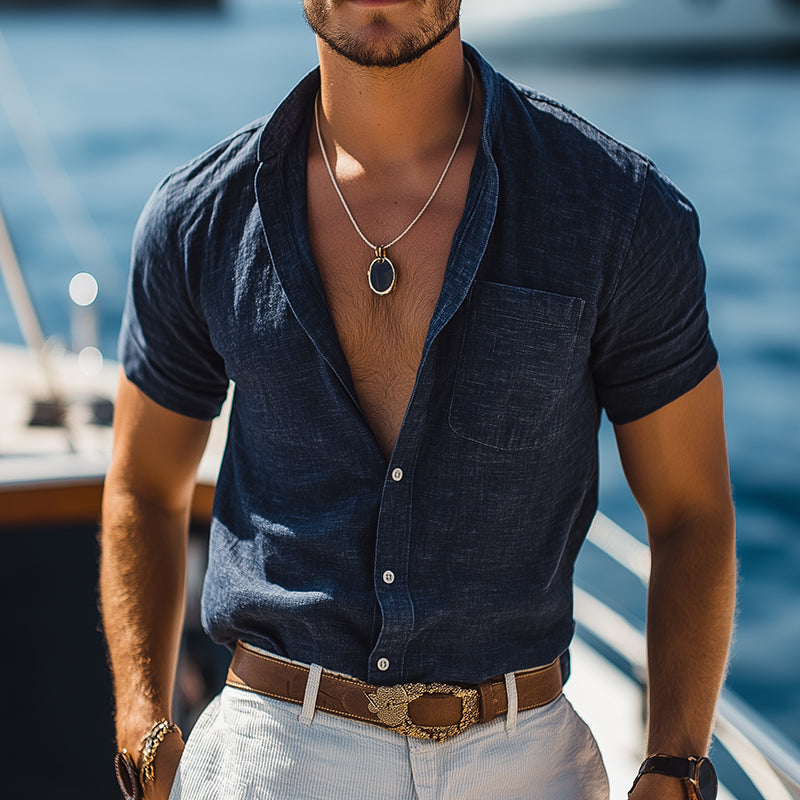 Men'S Retro Casual Linen Beach Street Style Lapel Short Sleeve Shirt MTA0954E5TO
