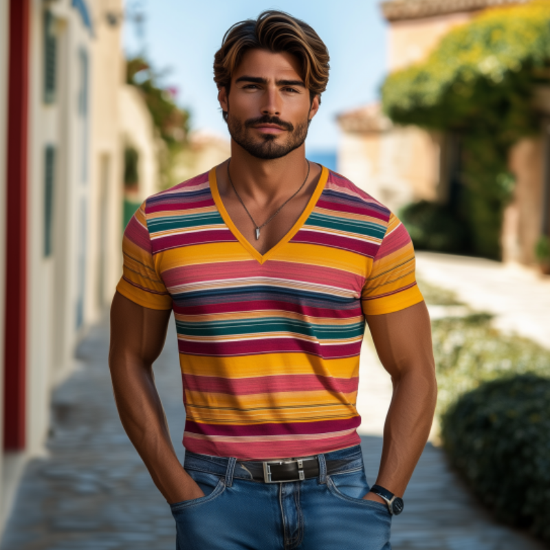 Men's Casual V-neck Contrast Striped Cotton Slim Fit Short-sleeved T-shirt 90879471K