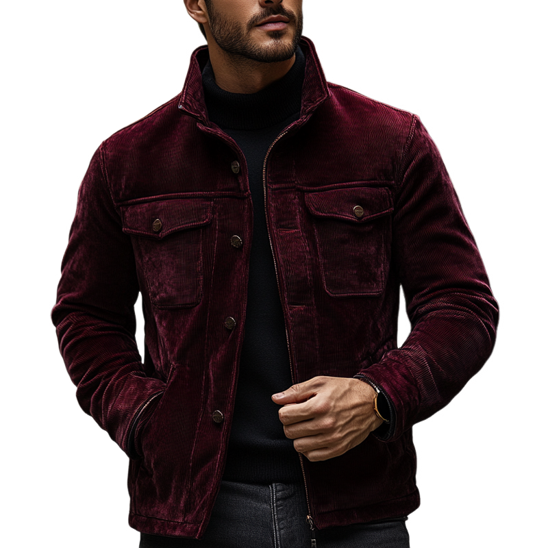 Men's Vintage Solid Color Corduroy Lapel Multi-Pocket Jacket MTA2982H6X