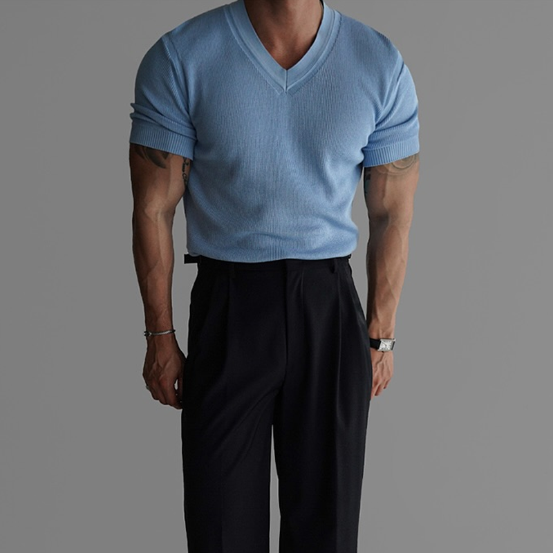 Men's Fashion Slightly Stretch V Neck Short Sleeve T-shirt MTA0647E2Z