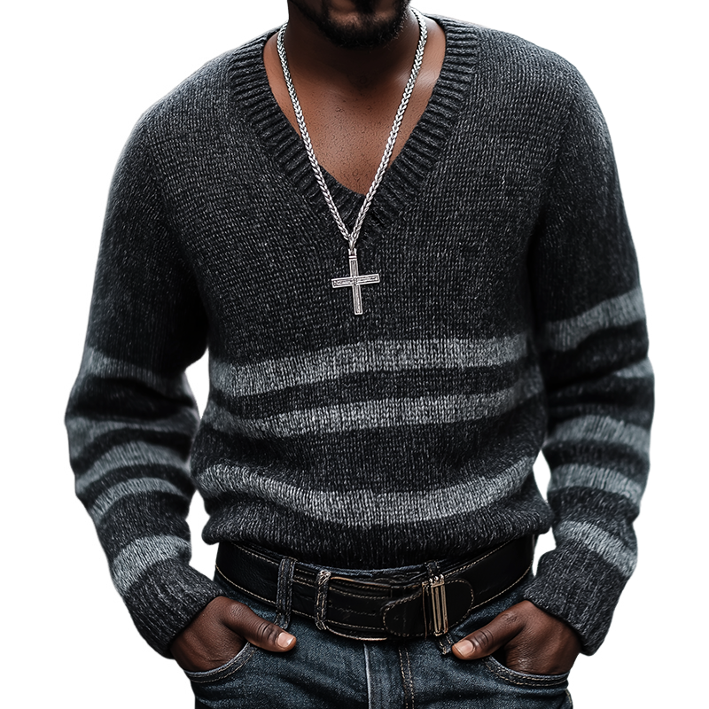 Men's Retro Casual Knit Striped V-Neck Sweater MTA2667L4TO