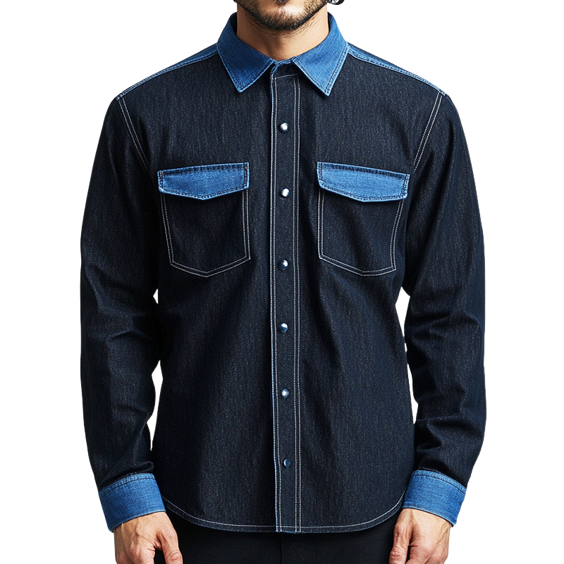 Men's Retro Casual Denim Colorblock Lapel Pocket Long Sleeve Shirt 84720665TO