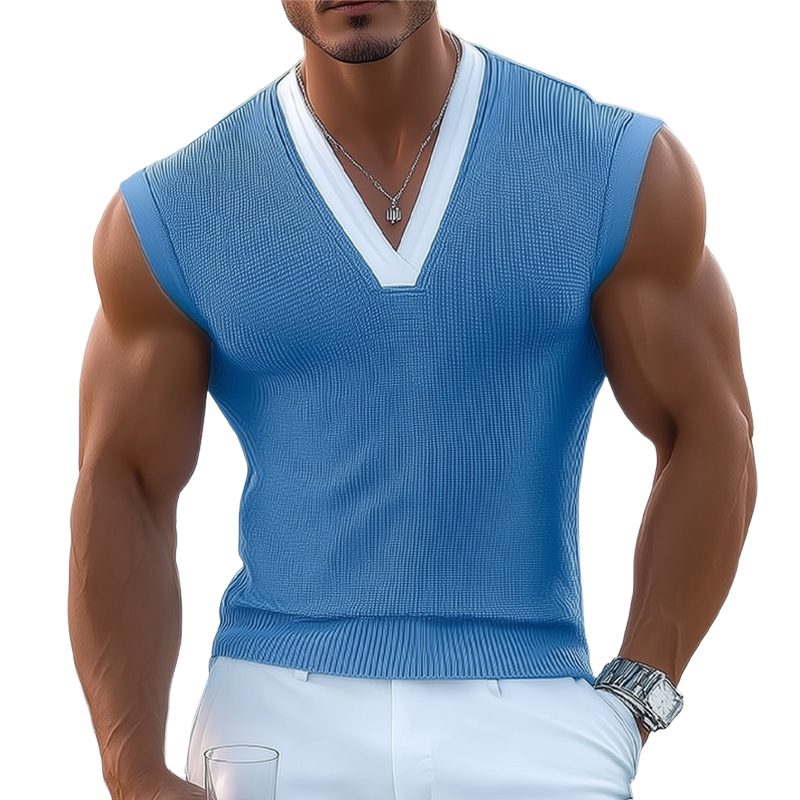 Men's Knitted Contrast Color V-Neck Sleeveless Tank Top MTA0538G9X