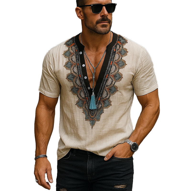 Men's Summer Fashion Embroidery Slub Linen Short Sleeve Shirt MTA1356F2P