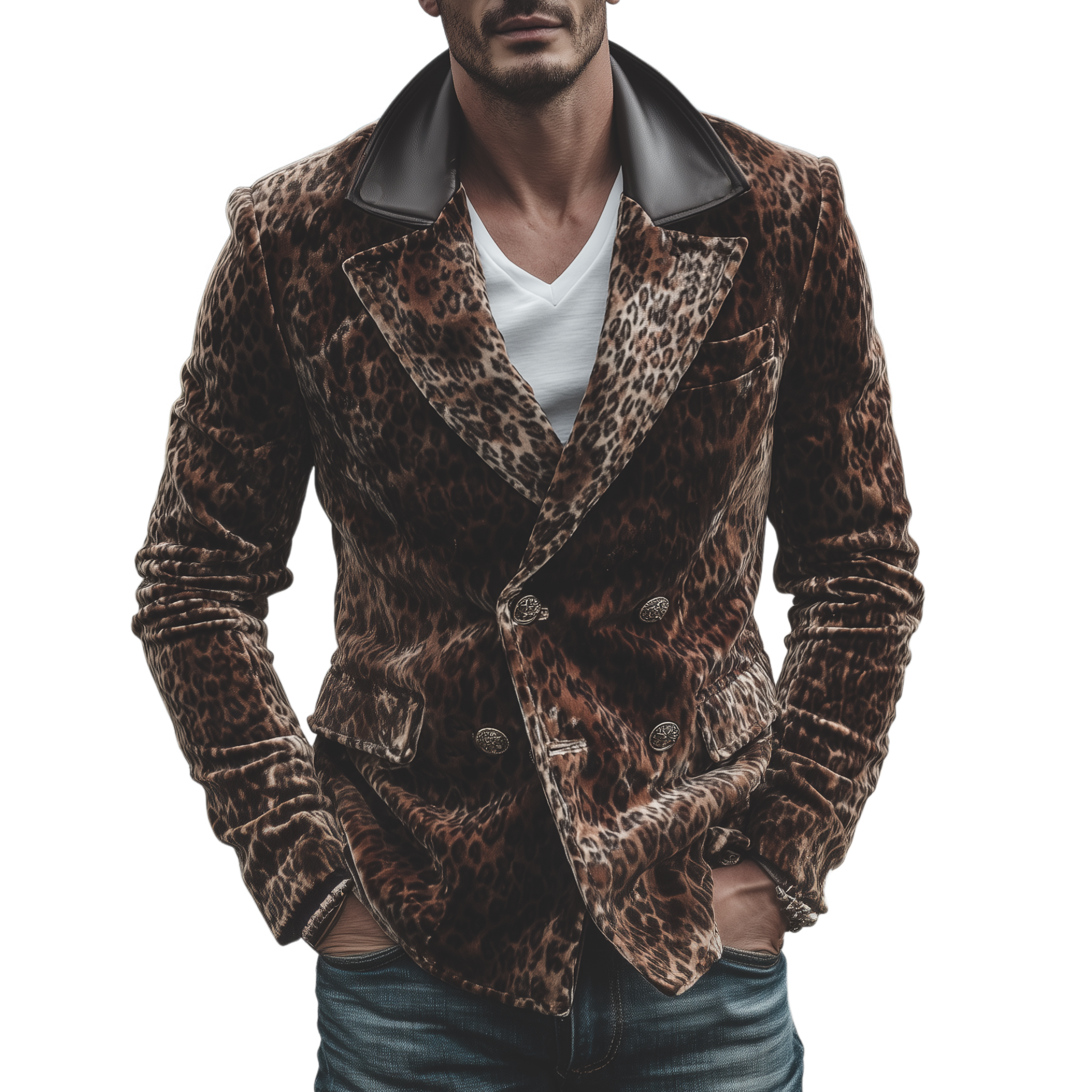 Men's Classic Retro Pu Leather Collar Double-breasted Velvet Leopard Print Blazer MTA0377I8K
