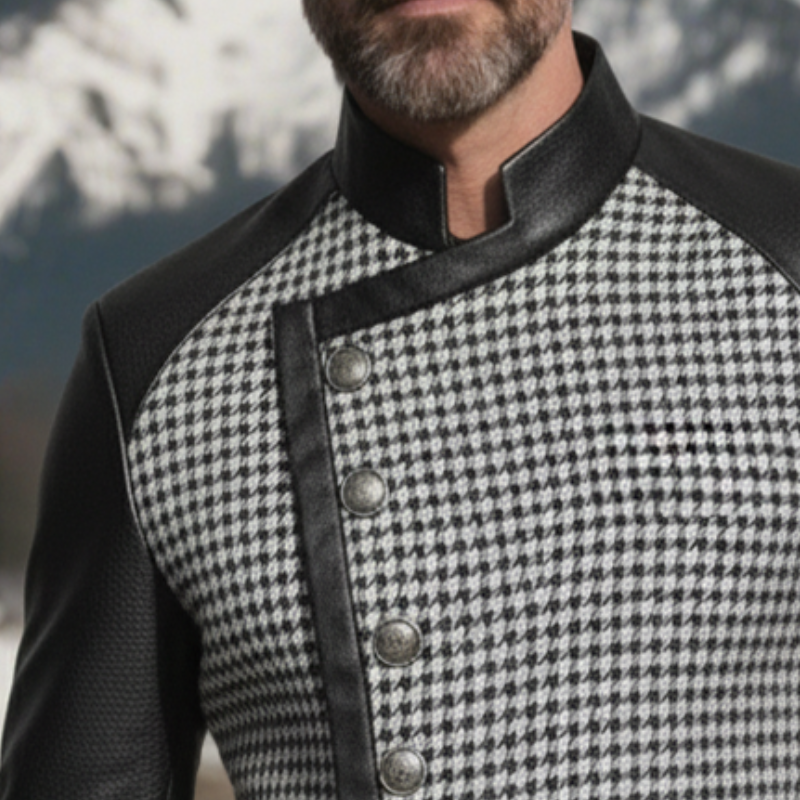 Men's Retro Casual Houndstooth PU Patchwork Stand Collar Button Jacket MTA2916K2TO
