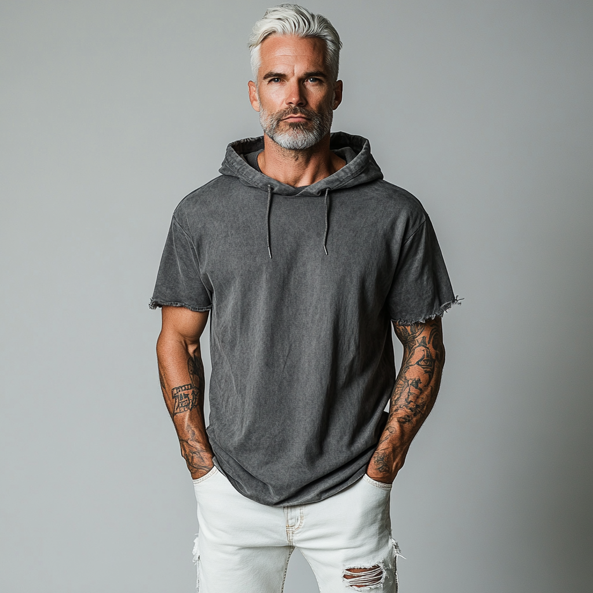 Men's Classic Casual Cotton Blend Washed Hooded Cuffs Raw Edge Craft Short-sleeved T-shirt MTA2131G9K