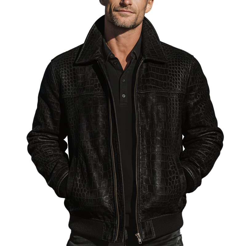 Men's Winter Fashion Mercerized Crocodile Pattern PU Leather Jacket MTA2934I7P
