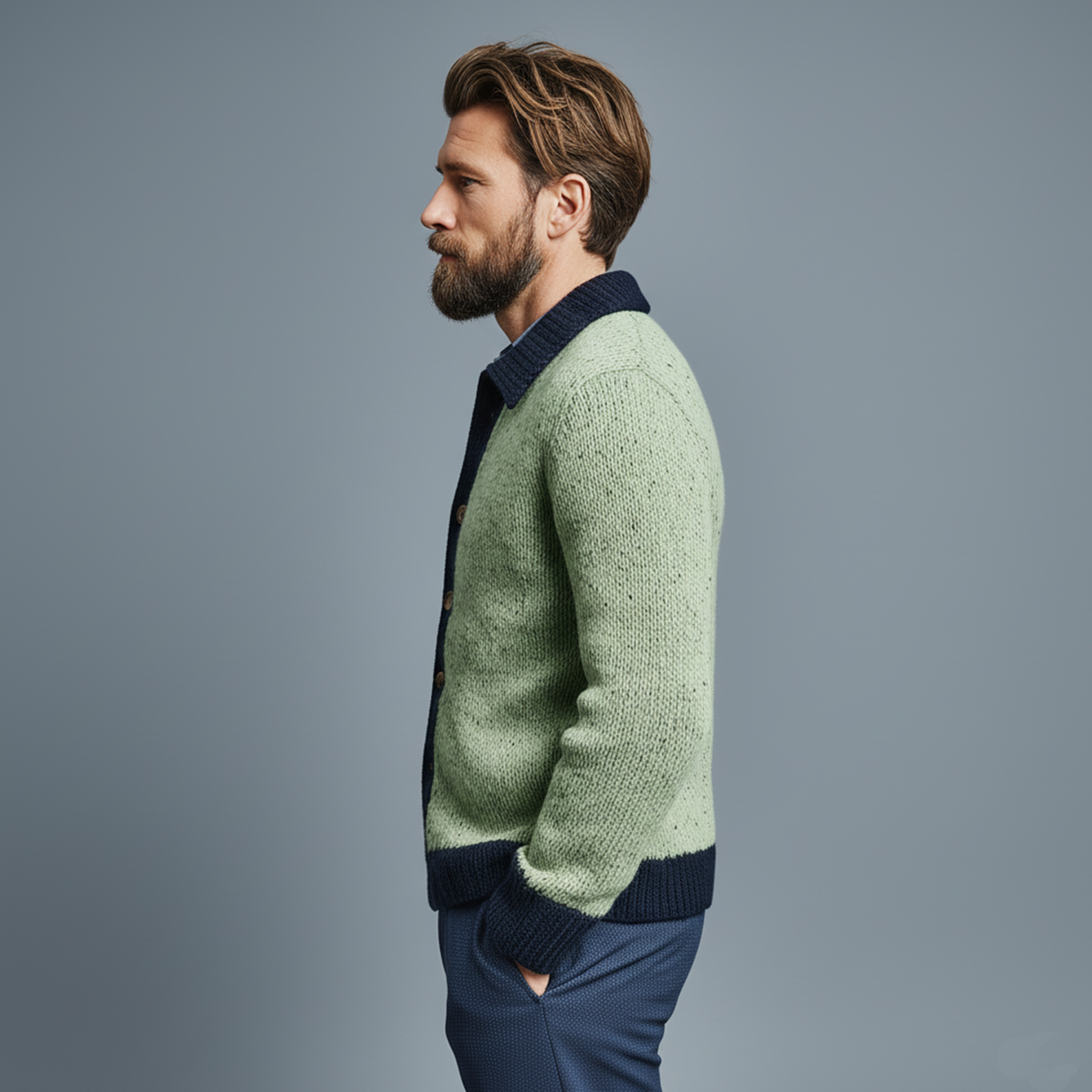 Men's Classic Casual Lapel Green And Navy Blue Knitted Cardigan MTA2669I3K
