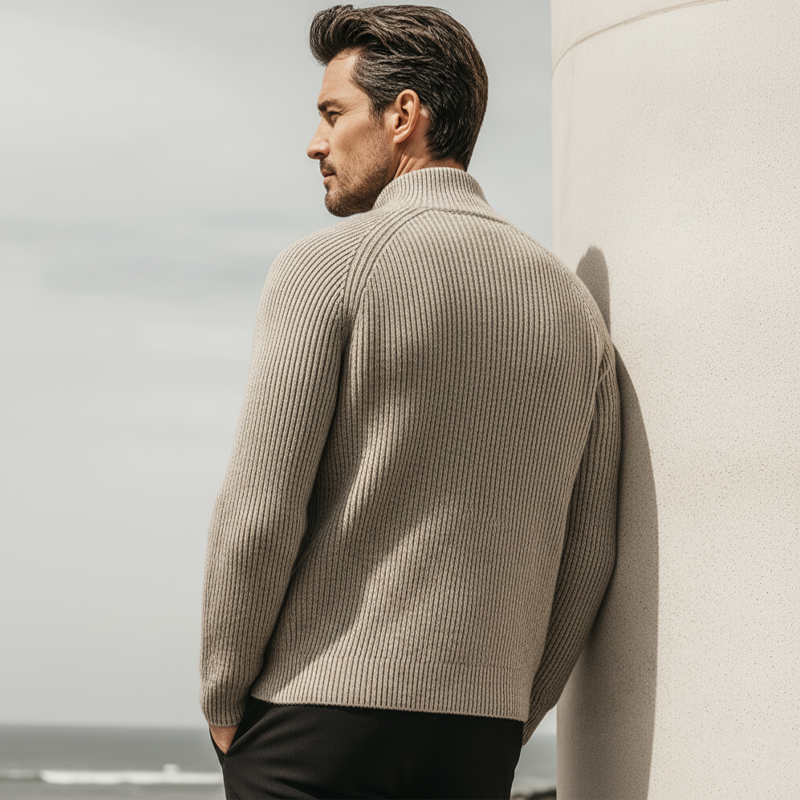 Men's Business Casual Stand-collar Striped Textured Zip-up Knit Cardigan MTA2692K4U