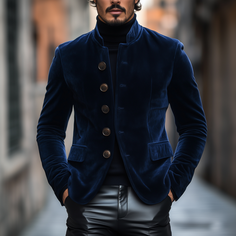 Men's Vintage Elegant Solid Color Velvet Stand Collar Single-breasted Slim-fit Blazer MTA1495H4M