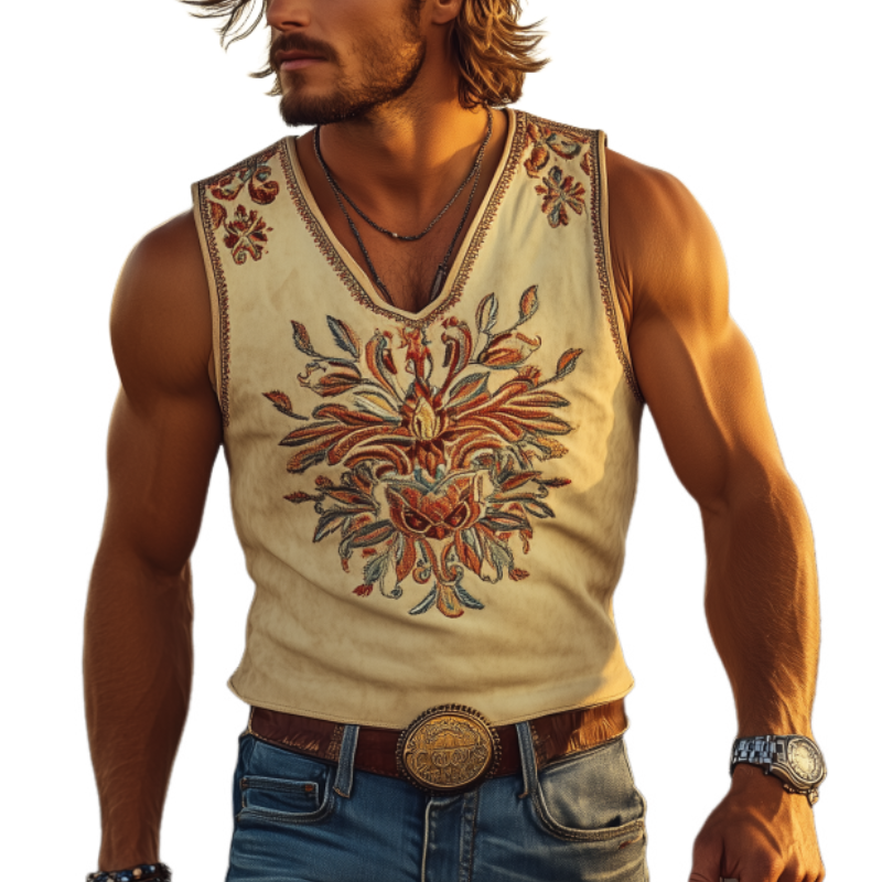 Klassisk amerikansk vestlig cowboystil for menn Slim Fit semsket broderi Heavy V-hals Tank Top 62381094K