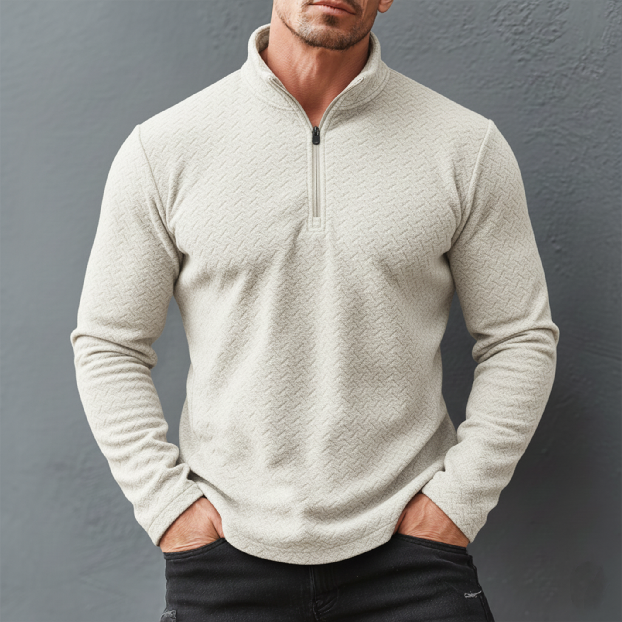 Men's Classic Stand Collar Zipper Textured Dralon Slim Fit Sweatshirt MTA2422J7K