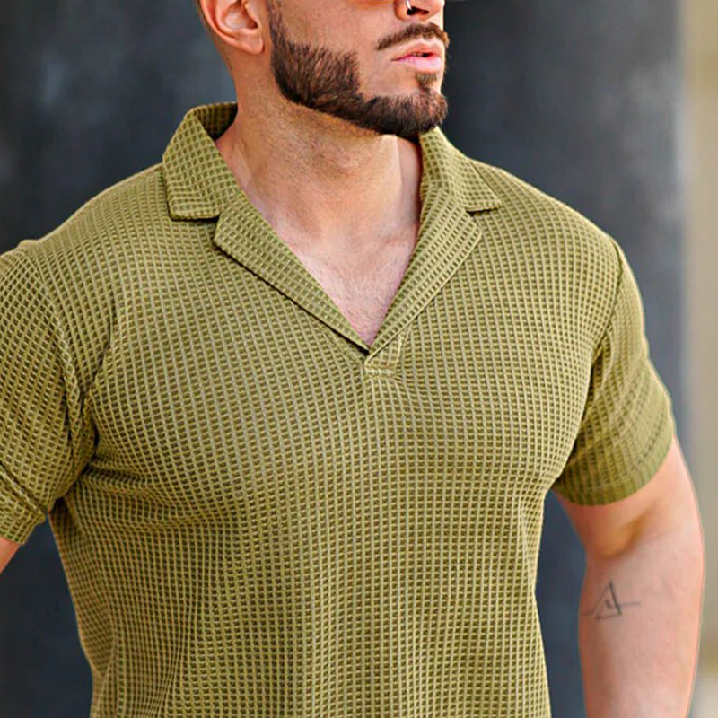 Men's Waffle Fabric Solid Color Short Sleeve POLO Shirt MTA1604F9X