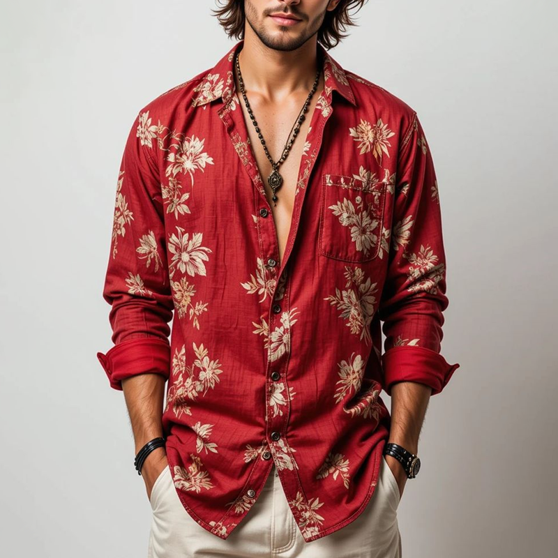 Men's Floral Lapel Long Sleeve Shirt MTA3038G2Z