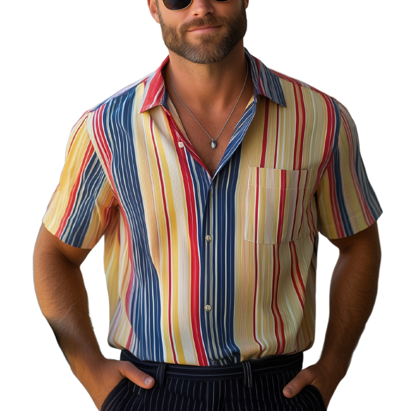 Men's Summer Classic Colorblock Striped Short Sleeve Shirt MTA2084F2U