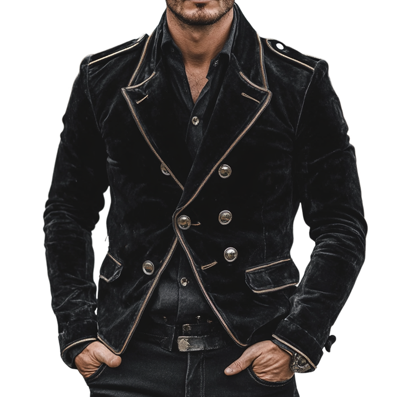 Men's Vintage Solid Velvet Contrast Trim Double Breasted Jacket MTA1861I7X