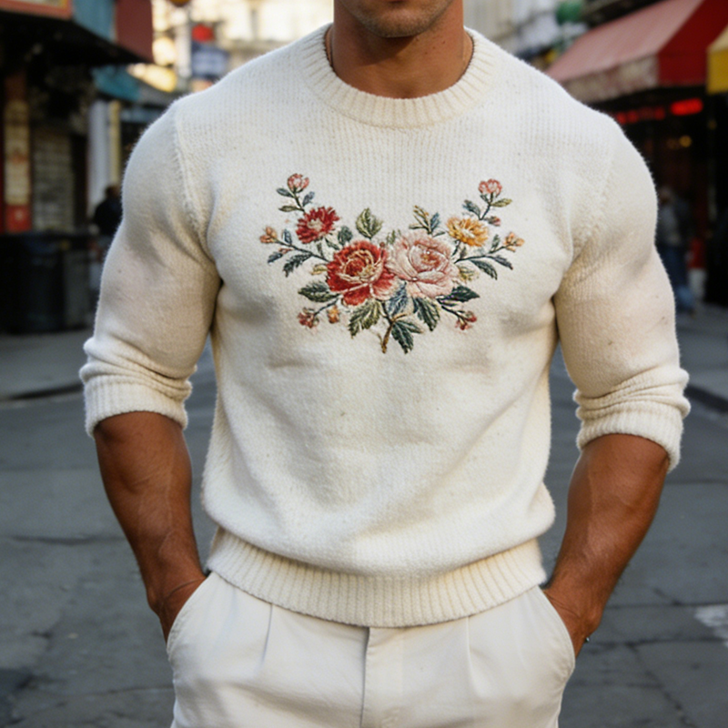 Men's Retro Casual Knitted Floral Embroidered Crew Neck Sweater MTA1571L6TO