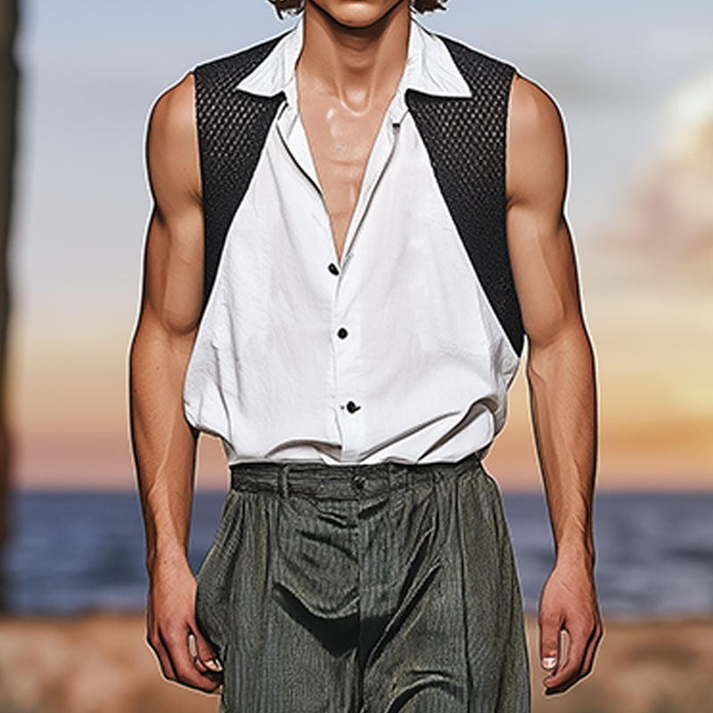 Men's Summer Fashion Casual Mesh Fabric Splicing Cotton Blend Sleeveless Shirt MTA2342F1K