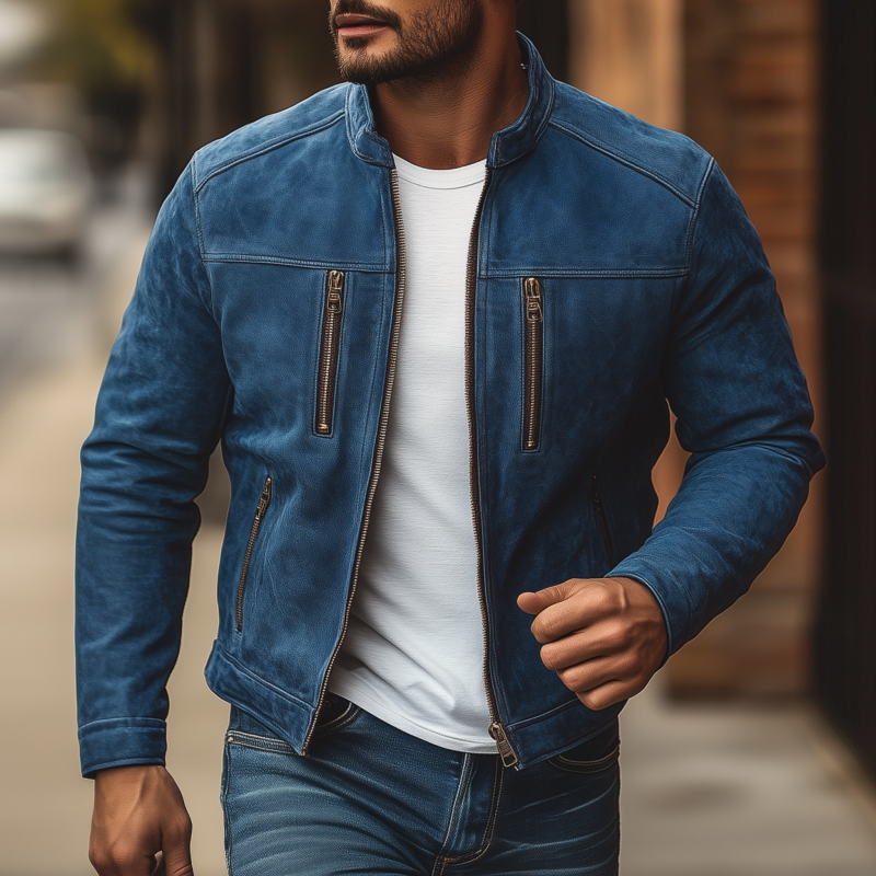 Men's Vintage Solid Suede Stand Collar Zipper Placket Slim Fit Multi-Pocket Jacket MTA0597H2M