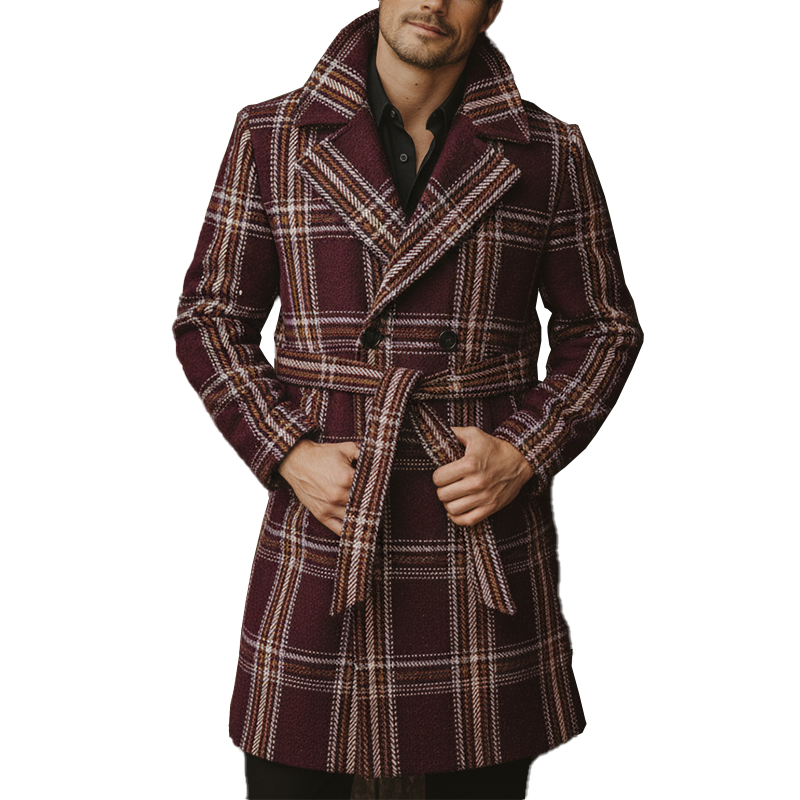Men's Winter Fashion Plaid Faux Wool Double-Breasted Lapel Mid-Length Coat (Including Belt) MTA2550I3P