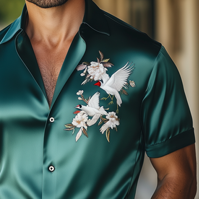 Men's Summer Satin Crane Embroidered Short Sleeve Shirt MTA1050F7U