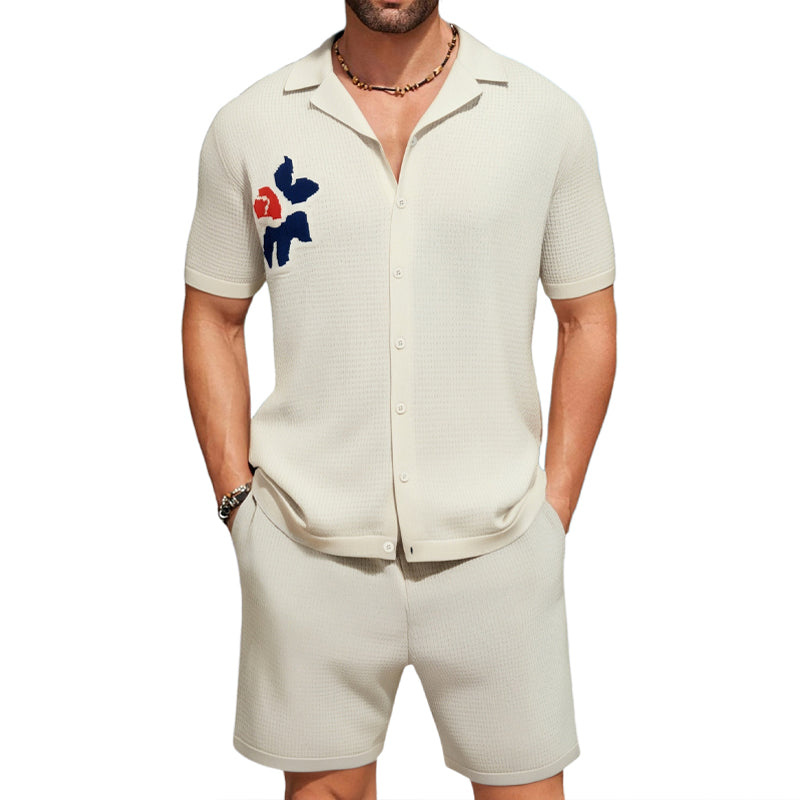 Men's Casual Knitted Jacquard Short Sleeve Shorts Two Piece Set MTA0614E4X
