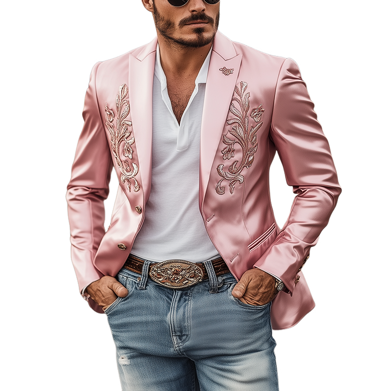 Men's Fashion Vintage Classic Western Style Satin Embroidery Blazer 27298293K