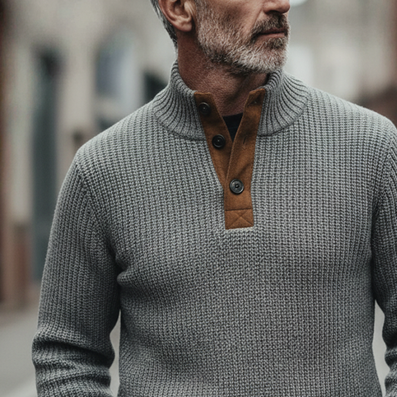 Men's Patchwork Faux Suede Knit Stand-up Collar Pullover Sweater MTA2184K0X