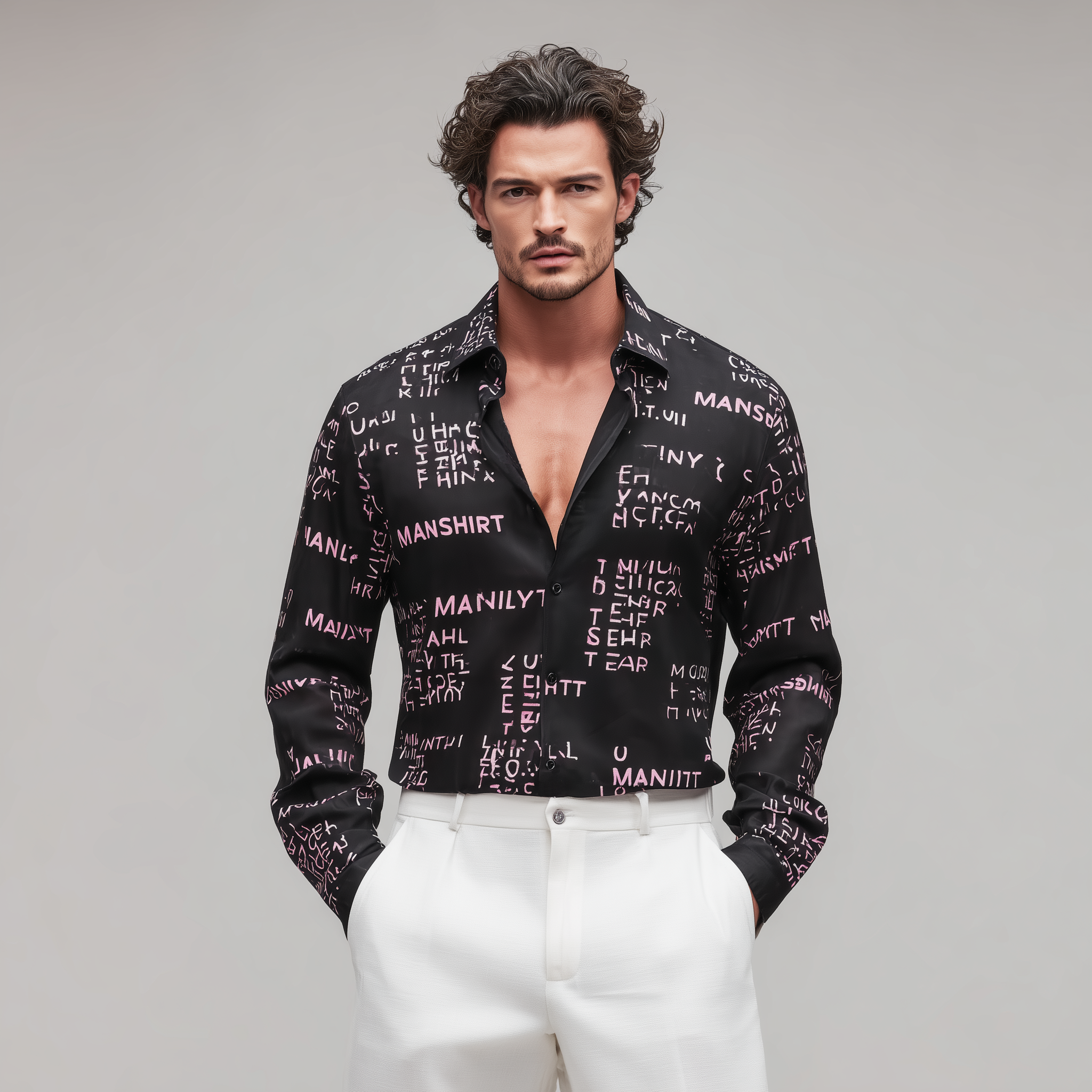 Men's Fashion Casual Satin Irregular Letter Printed Long Sleeve Shirt MTA2549G6K