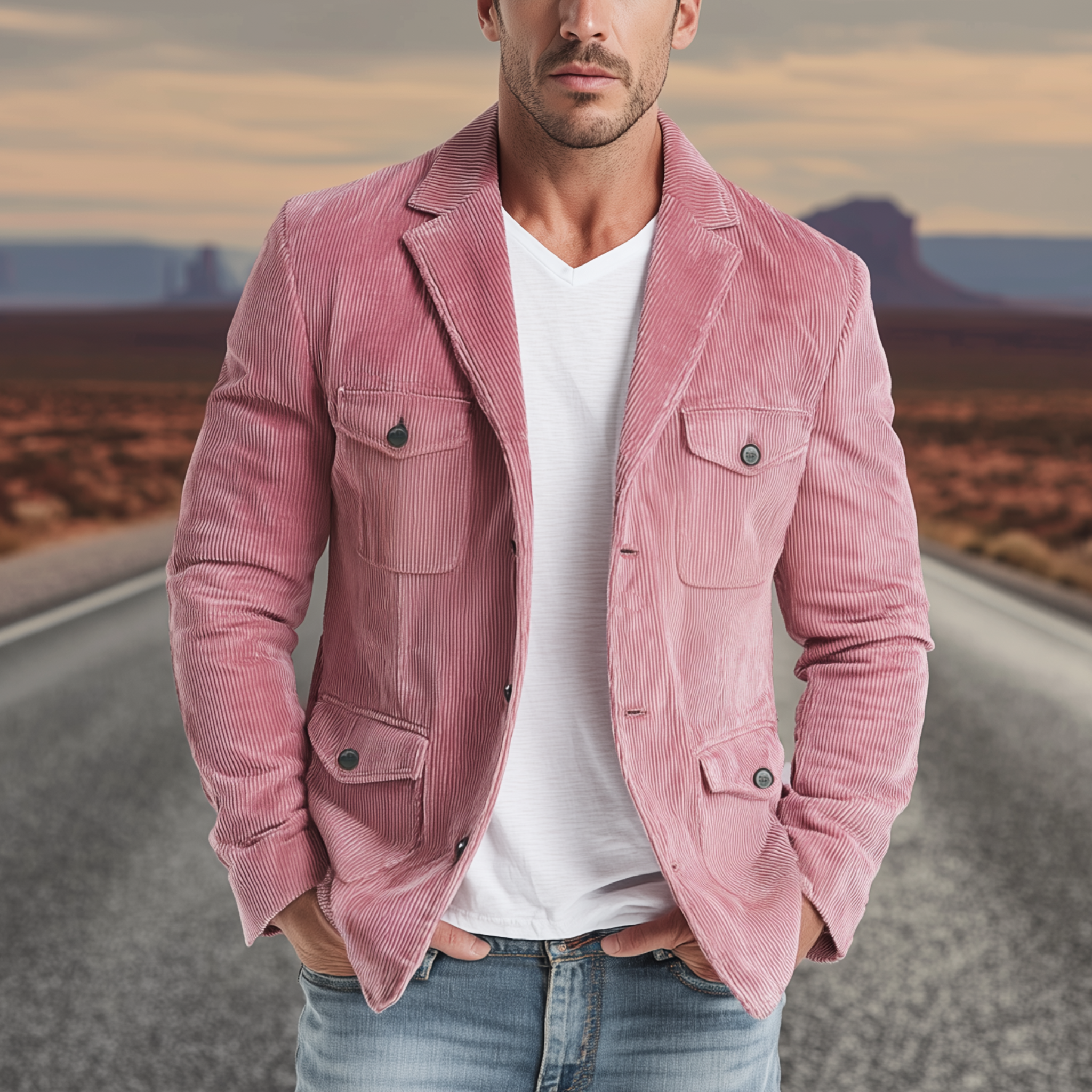 Men's Classic Casual Western Style Pink Corduroy Multi-pocket Single-breasted Blazer MTA2535H1K