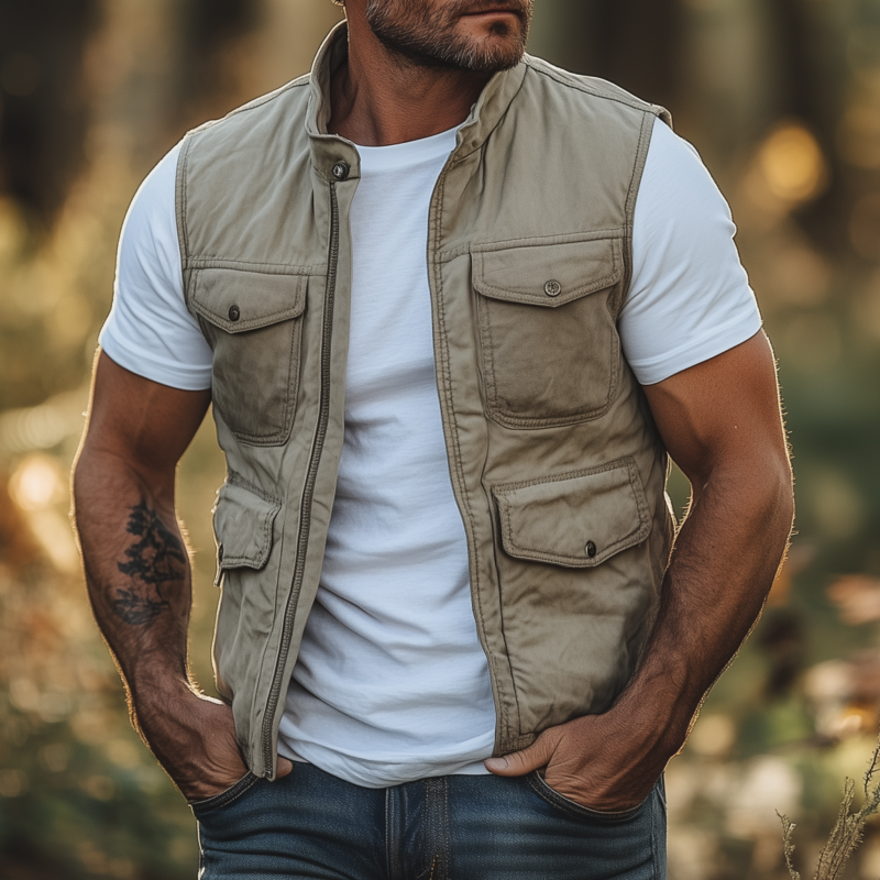 Men's Casual Outdoor Washed Cotton Stand Collar Zipper Placket Multi-pocket Work Vest MTA2119G4M