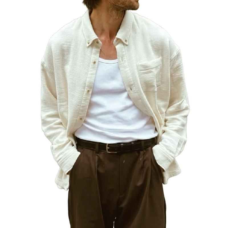Men's Casual Cotton Blended Solid Color Lapel Patch Pocket Loose Long Sleeve Shirt MTA1295E9M
