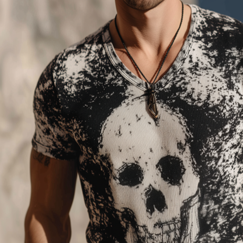 Herre retro casual t-skjorte med rund hals og korte ermer, hodeskalletrykk MTA1039G0TO