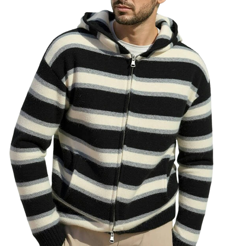 Men's Striped Knit Hooded Zip-Up Cardigan MTA0481H8X