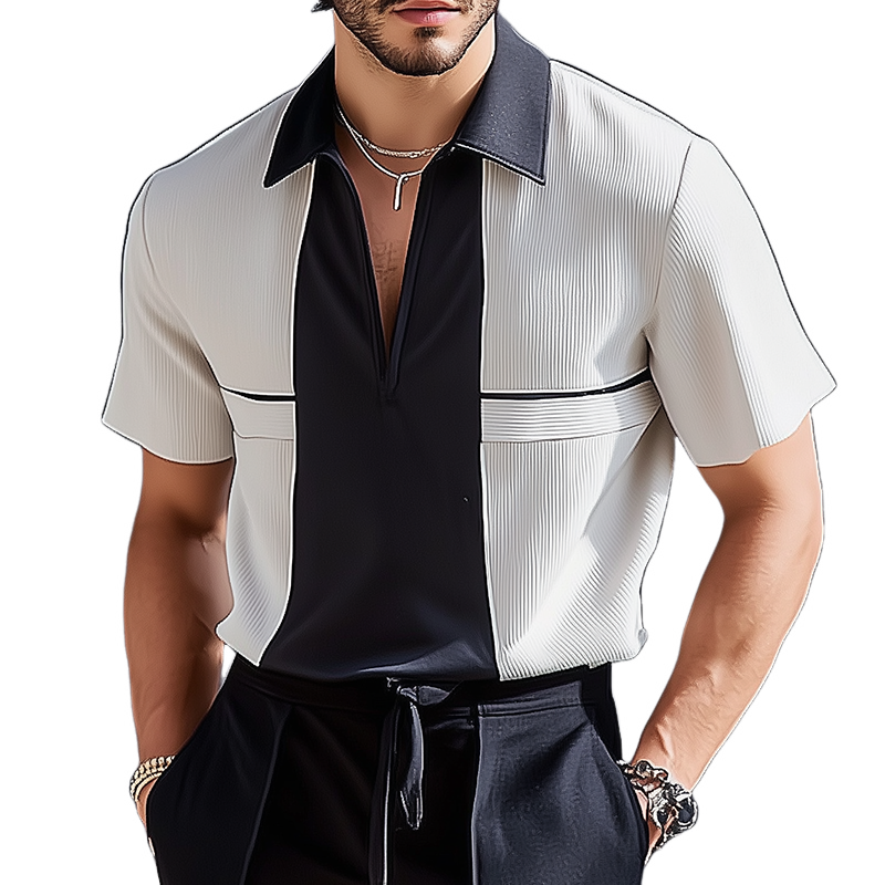 Men's Retro Casual Colorblock Striped Lapel Short Sleeve Shirt MTA0167G2TO